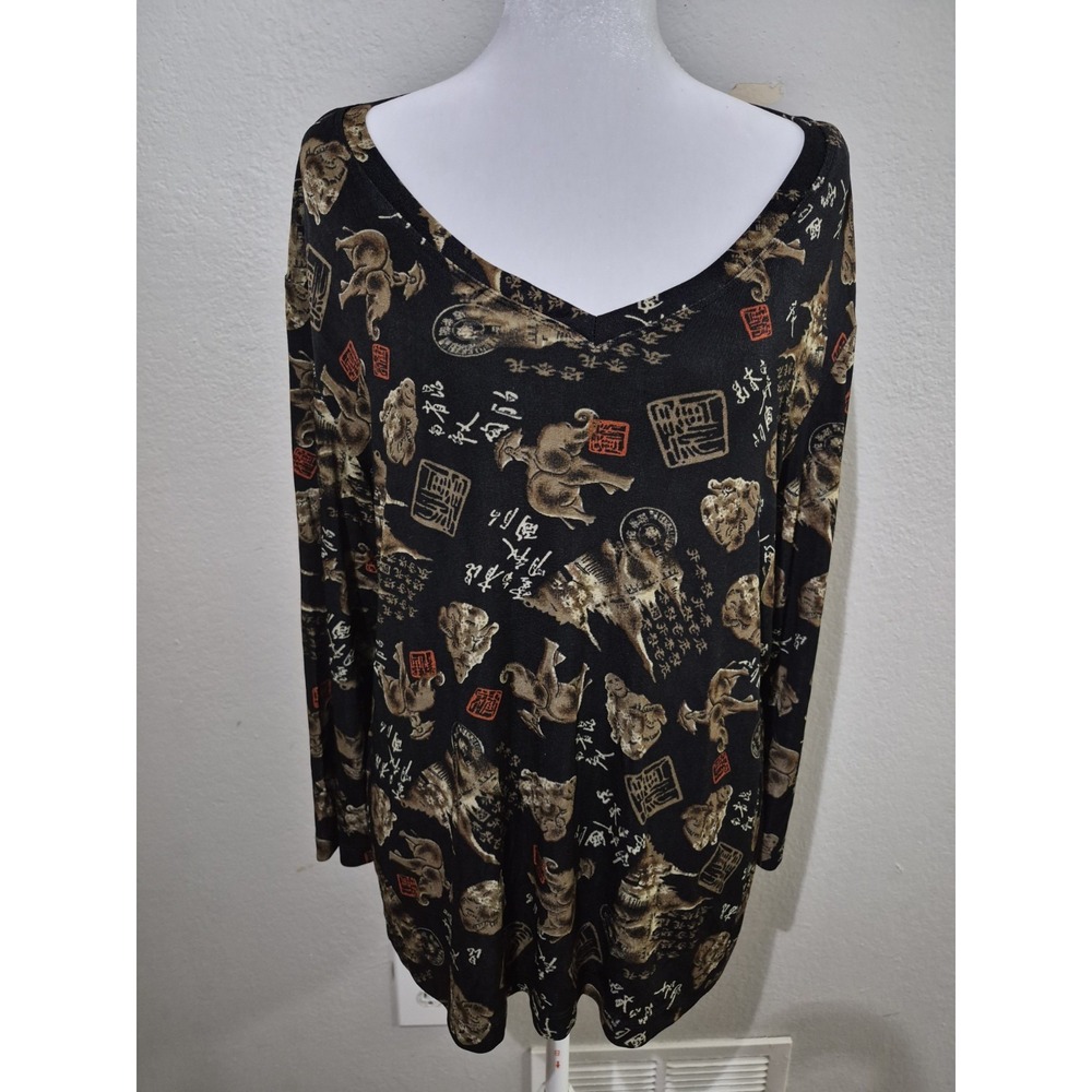 Chico's Travels Elephant Print Top Multicolor Sz 3 Stretch Boho Casual Chic